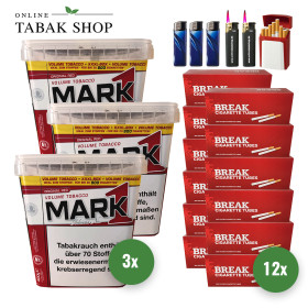 3x Mark 1 Volumentabak 400g + 2400 Break Hülsen + 2 Sturmfeuerzeuge + 3 Feuerzeuge + 1 Gizeh Etui