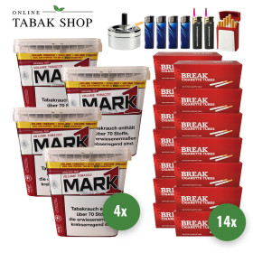 Mark 1 Volumen Tabak (4 x 400g) + 2.800 Break Hülsen + 2 Sturmfeuerzeuge + 4 Feuerzeuge + 1 Gizeh Etui + 1 Drehascher 9cm - 254,00 €