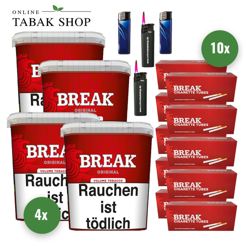 4x BREAK Tabak Rot 185g Eimer + 2000 BREAK Hülsen + 2 Feuerzeuge + 2 Sturmfeuerzeuge