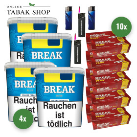 4x BREAK Tabak Blau 185g Eimer + 2000 BREAK Plus Hülsen + 2 Feuerzeuge + 2 Sturmfeuerzeuge