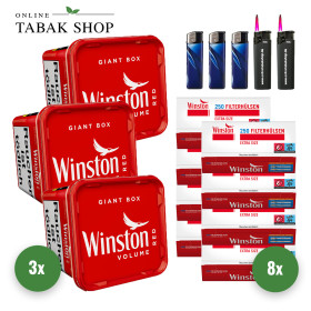 Winston Red Volumen Tabak (3x 220g), 2.000 Winston EXTRA Hülsen, 3x Feuerzeuge, 2 Sturmfeuerzeuge - 153,85 €