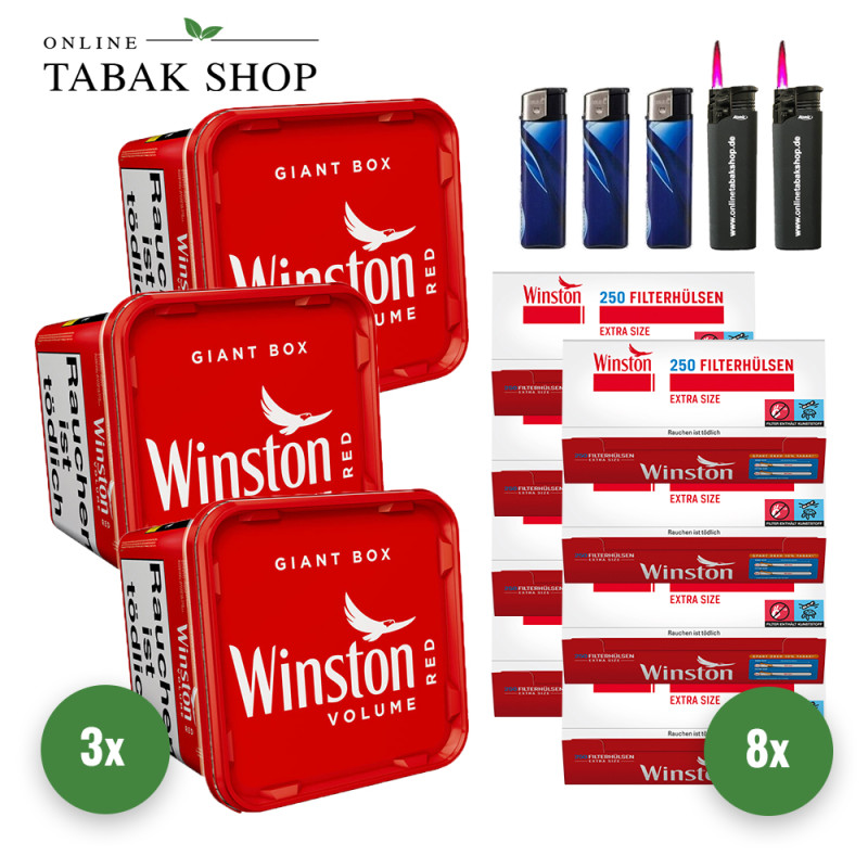 Winston Red Volumen Tabak (3x 220g), 2.000 Winston EXTRA Hülsen, 3x Feuerzeuge, 2 Sturmfeuerzeuge