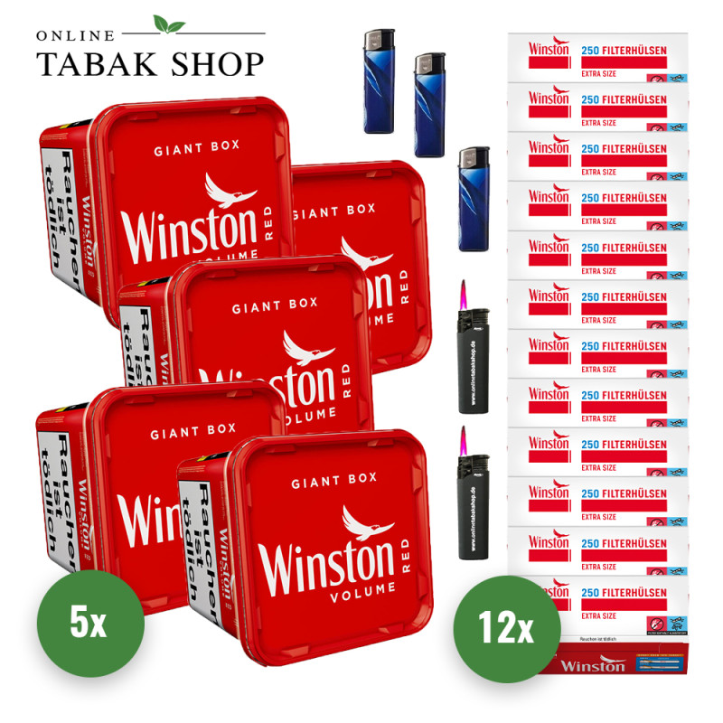5x Winston Tabak Rot 155g Eimer + 3000 Winston Extra Hülsen + 3 Feuerzeuge + 2 Sturmfeuerzeuge