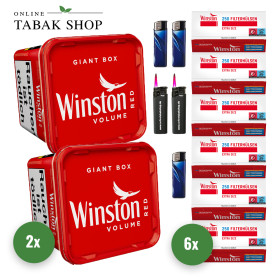 Winston Red Volumen Tabak (2x 220g), 1.500 Winston EXTRA Hülsen, 3 Feuerzeuge, 2 Sturmfeuerzeuge - 103,40 €