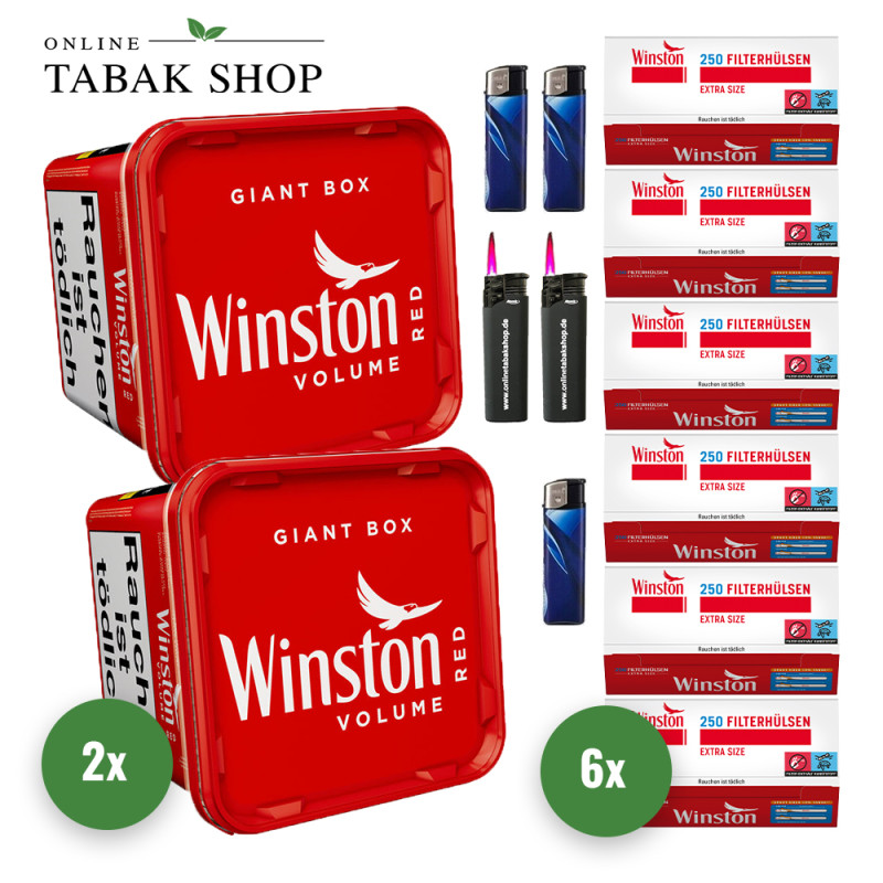 2x Winston Tabak Rot 155g Eimer + 1500 Winston Extra Hülsen + 3 Feuerzeuge + 2 Sturmfeuerzeuge