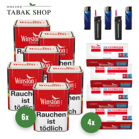 Winston Zigaretten Tabak Premium Red S (6 x 75g) + 1.000 Winston Extra Hülsen + 3 Feuerzeuge + 2 Sturmfeuerzeuge - 125,95 €