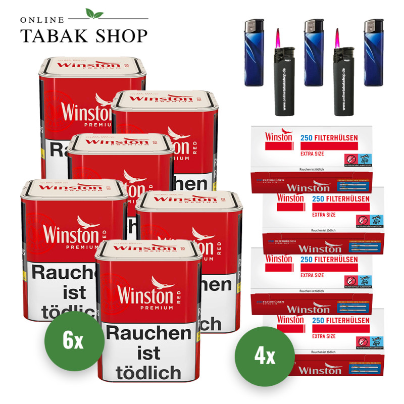 Winston Zigaretten Tabak Premium Red S (6 x 70g) + 1.000 Winston Extra Hülsen + 3 Feuerzeuge + 2 Sturmfeuerzeuge