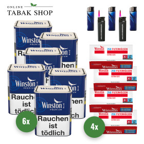 Winston Blau Zigaretten Tabak (6 x 75g), 1000 Winston EXTRA Hülsen , 3 Feuerzeuge  , 2 Sturmfeuerzeuge - 123,20 €