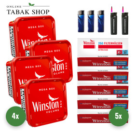 Winston Volumen Tabak Mega Box (4 x 140g) + 1.250 Winston EXTRA Hülsen + 3 Feuerzeuge + 2 Sturmfeuerzeuge - 144,30 €