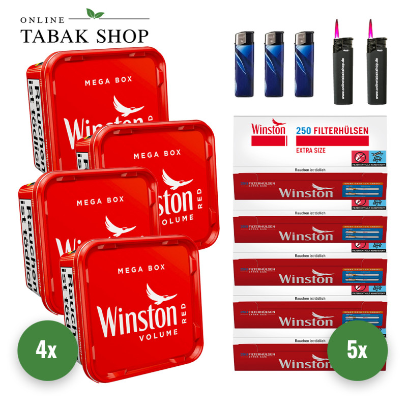 Winston Volumen Tabak Mega Box (4 x 140g) + 1.250 Winston EXTRA Hülsen + 3 Feuerzeuge + 2 Sturmfeuerzeuge