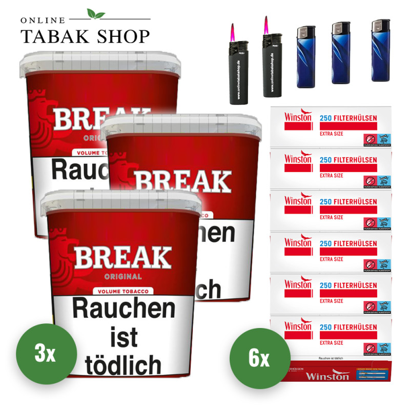 3x BREAK Tabak Rot 185g Eimer + 1500 Winston Extra Hülsen + 3 Feuerzeuge + 2 Sturmfeuerzeuge