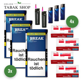 3x Break Blau Volumentabak 85g + 1000 Winston Extra Hülsen + 3 Feuerzeuge + 2 Sturmfeuerzeuge