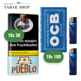 Pueblo Tabak (10x 30g), Sorte wählbar + OCB Blau Blättchen m. Gummizug (10x 100er) + 2 Feuerzeuge - 66,20 €