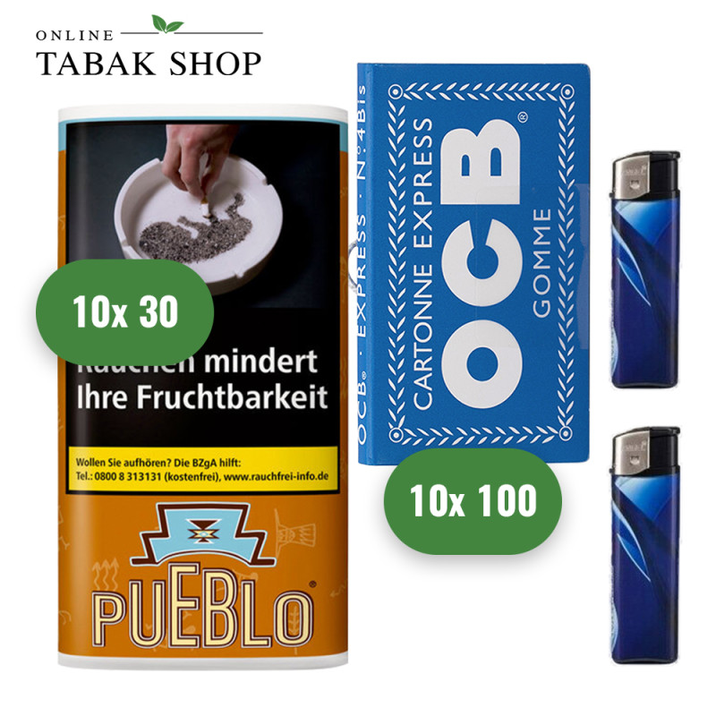 Pueblo Tabak (10x 30g), Sorte wählbar + OCB Blau Blättchen m. Gummizug (10x 100er) + 2 Feuerzeuge