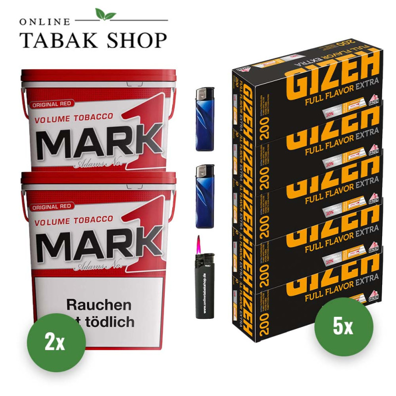 Mark 1 Tabak (2 x 320g) + 1000 Gizeh Full Flavor Extra Hülsen + 2 Feuerzeuge + 1 Sturmfeuerzeug
