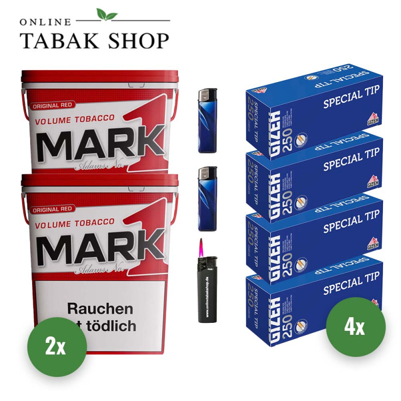 Mark 1 Tabak (2 x 320g) + 1000 Gizeh Special Tip Hülsen + 2 Feuerzeuge + 1 Sturmfeuerzeug