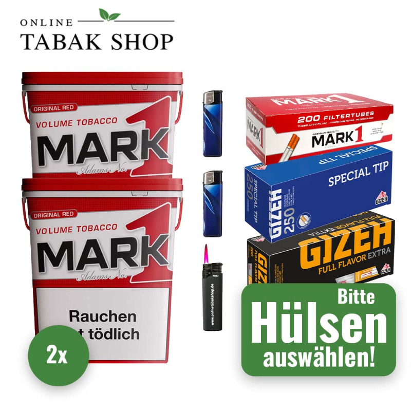 Mark 1 Tabak (2 x 320g) + 1000 Hülsen (wählbar) + 2 Feuerzeuge + 1 Sturmfeuerzeug