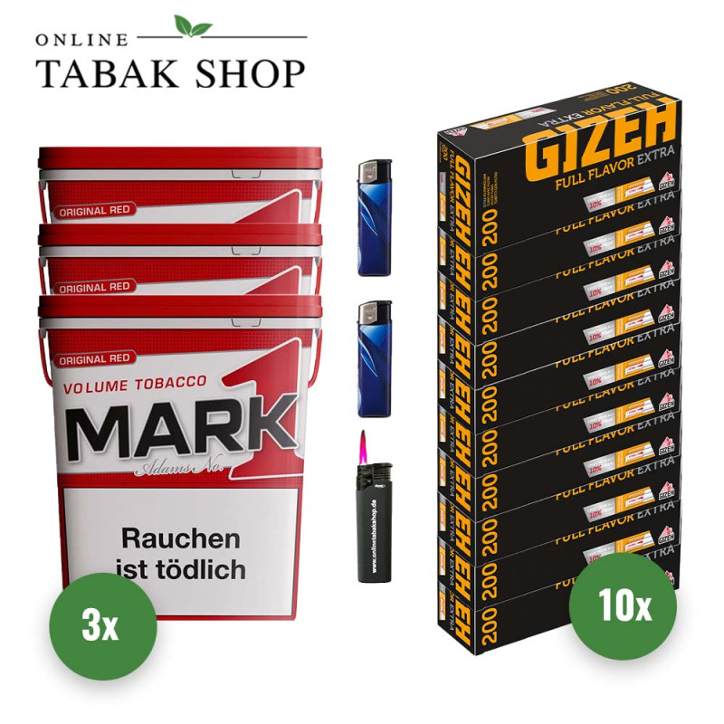 Mark 1 Tabak (3 x 320g) + 2000 Gizeh Full Flavor Extra Hülsen + 2 Feuerzeuge + 1 Sturmfeuerzeug