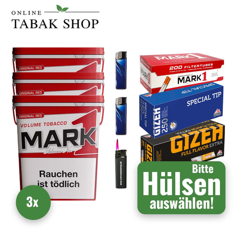 Mark 1 Tabak (3 x 320g) + 2000 Hülsen (wählbar) + 2 Feuerzeuge + 1 Sturmfeuerzeug