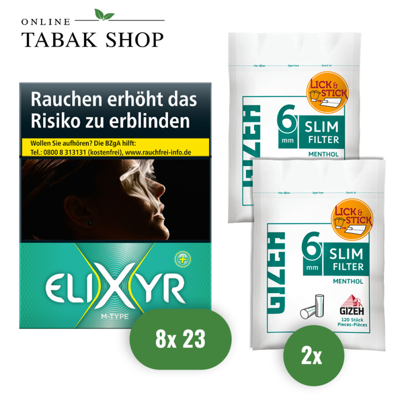 Elixyr Plus Zigaretten (8 x 23er) + 240 GIZEH Slim Filter Menthol