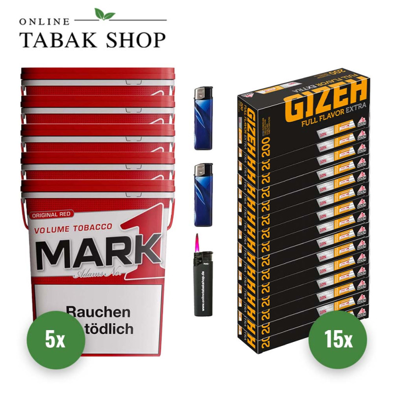 Mark 1 Tabak (5 x 320g) + 3000 Gizeh Full Flavor Extra Hülsen + 2 Feuerzeuge + 1 Sturmfeuerzeug