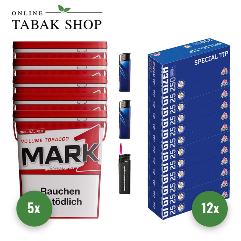 Mark 1 Tabak (5 x 320g) + 3000 Gizeh Special Tip Hülsen + 2 Feuerzeuge + 1 Sturmfeuerzeug