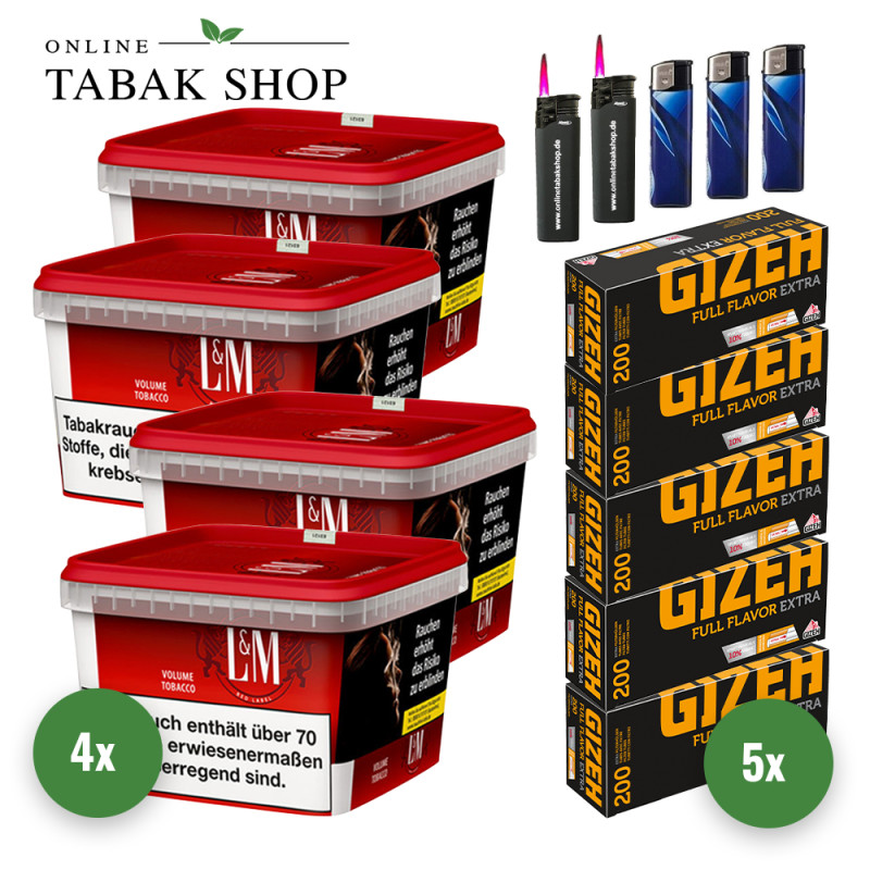 L&M Tabak Red Mega Box (4 x 120g) + 1.000 Gizeh Full Flavor Extra Hülsen + 3 Feuerzeuge + 2 Sturmfeuerzeuge
