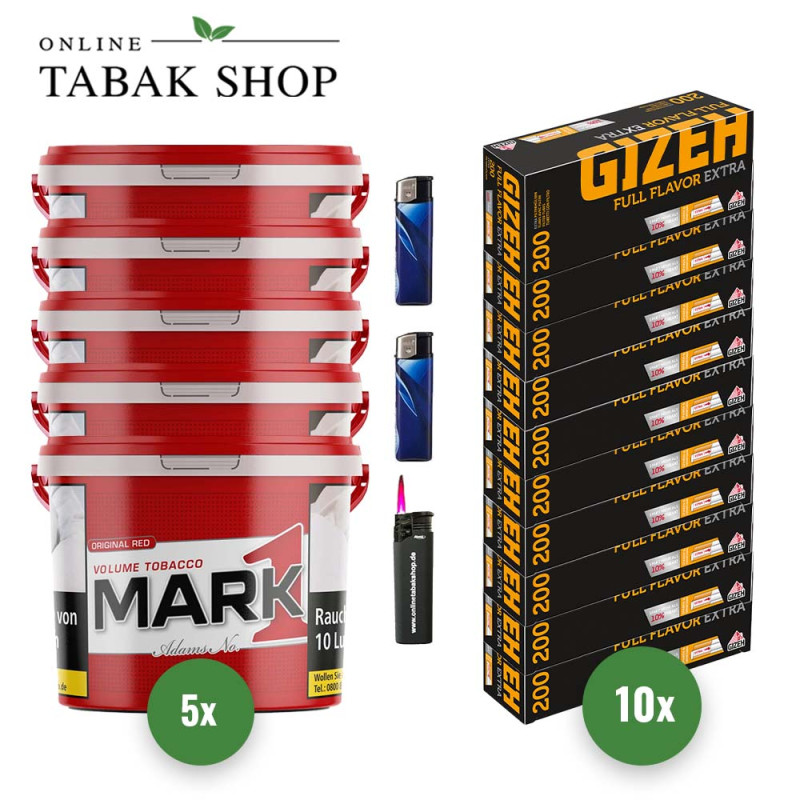 Mark 1 Tabak (5 x 190g) + 2000 Gizeh Full Flavor Extra Hülsen + 2 Feuerzeuge + 1 Sturmfeuerzeug