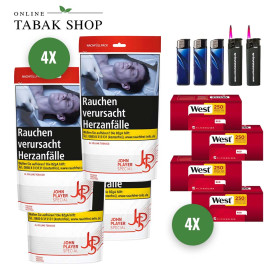 JPS Rot / Red Volumen Tabak Beutel (4 x 94g) + 1.000 West Red Extra Hülsen + 3 Feuerzeuge + 2 Sturmfeuerzeuge