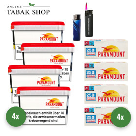 PARAMOUNT Tabak Megabox (4 x 125g) + 1.000 Hülsen + 1 Feuerzeug + 1 Sturmfeuerzeug