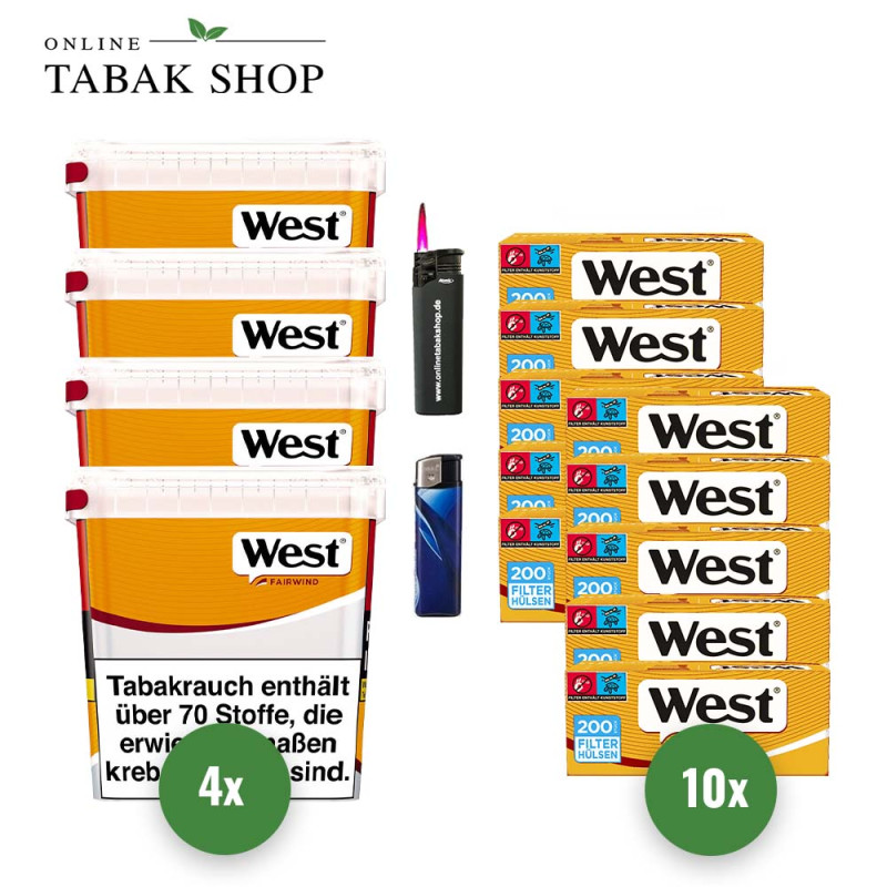 4x West Yellow Tabak 245g Eimer + 2000 West Yellow Hülsen + 1 Sturmfeuerzeug + 1 Feuerzeug
