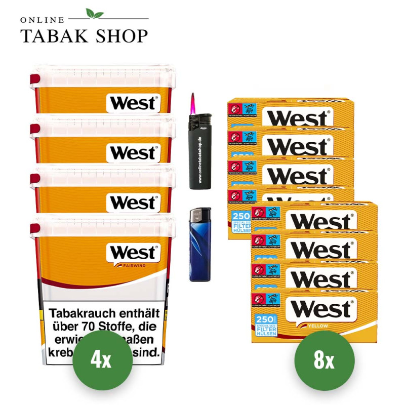 4x West Yellow Tabak 245g Eimer + 2000 West Yellow Special Hülsen + 1 Sturmfeuerzeug + 1 Feuerzeug