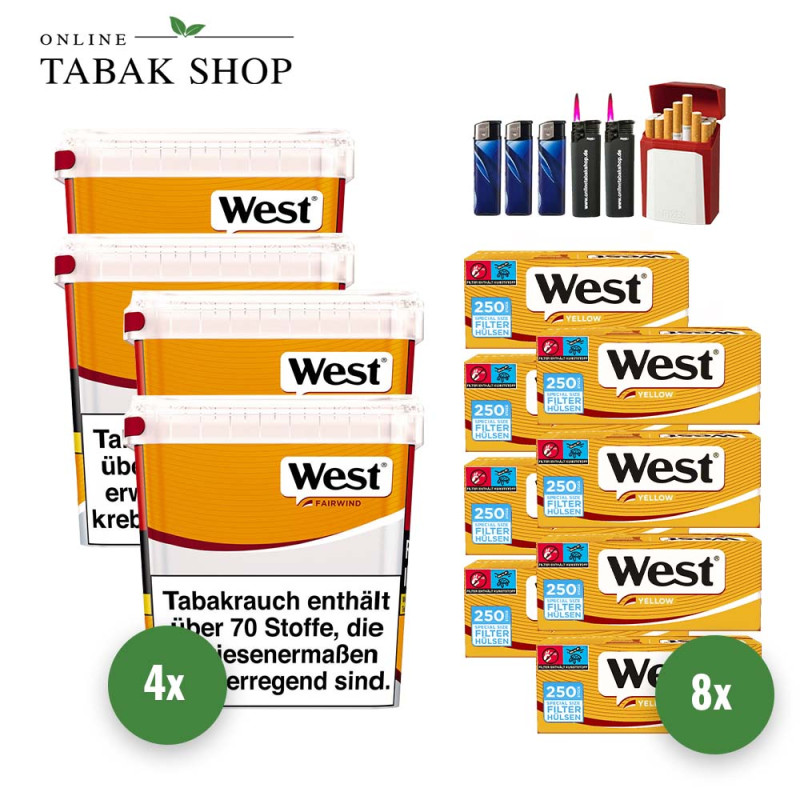 4x West Yellow Tabak 245g Eimer + 2000 West Yellow Special Hülsen + 2 Sturmfeuerzeuge + 3 Feuerzeuge + 1 GIZEH Etui