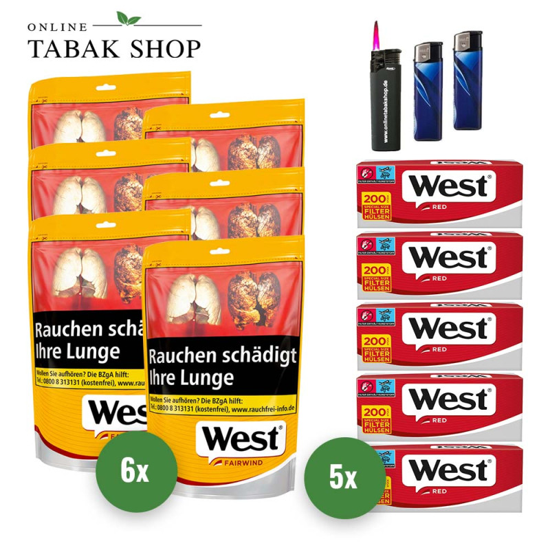 West Yellow Fairwind Volumen Tabak (6 x 80g) + 1.000 West Red Hülsen + 2 Feuerzeuge + 1 Sturmfeuerzeuge