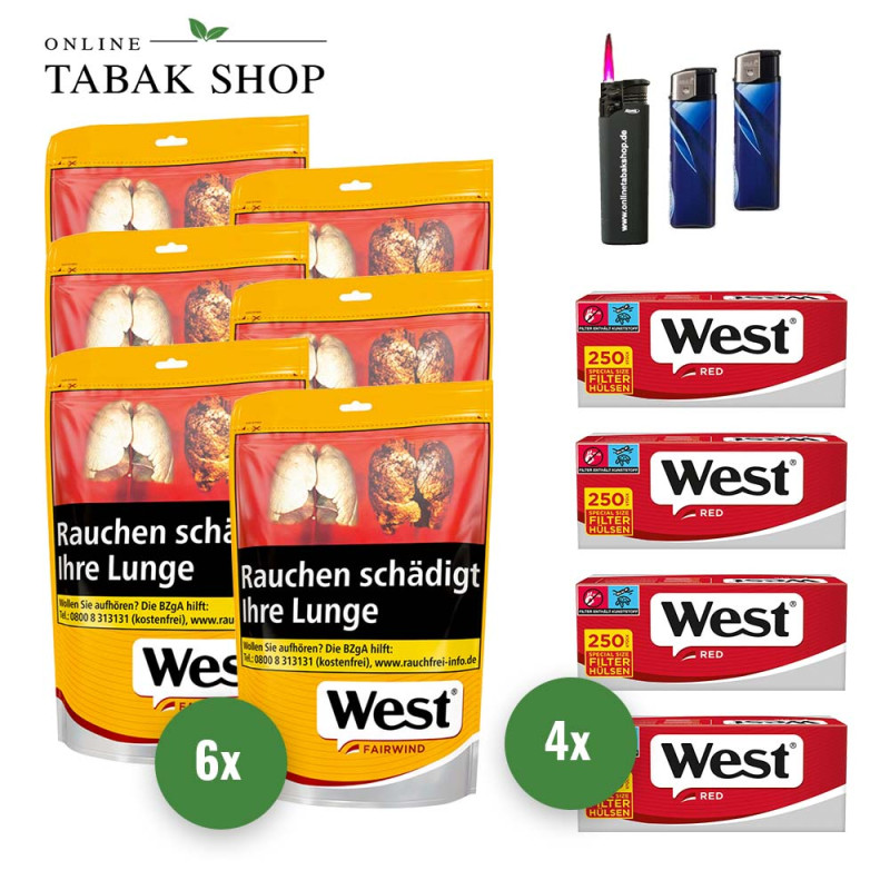 West Yellow Fairwind Volumen Tabak (6 x 80g) + 1.000 West Red EXTRA Hülsen + 2 Feuerzeuge + 1 Sturmfeuerzeug