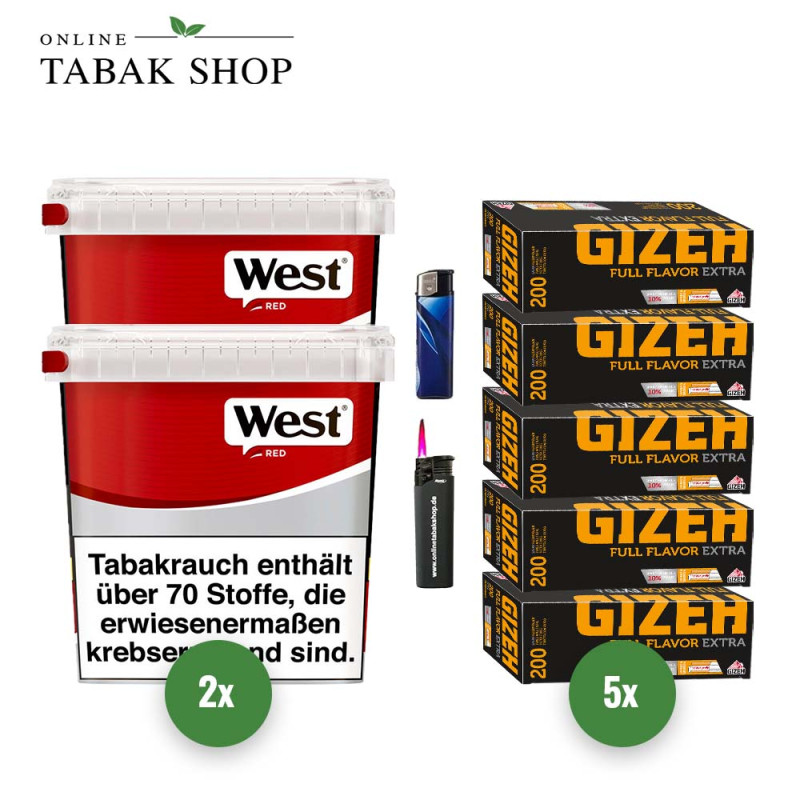West Red Tabak (2 x 205g) Eimer + 1.000 Gizeh Full Flavor Extra Hülsen + 1 Sturmfeuerzeug + 1 Feuerzeug