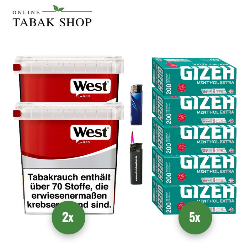 West Red Tabak (2 x 205g) Eimer + 1.000 Gizeh Menthol Extra Hülsen + 1 Sturmfeuerzeug + 1 Feuerzeug