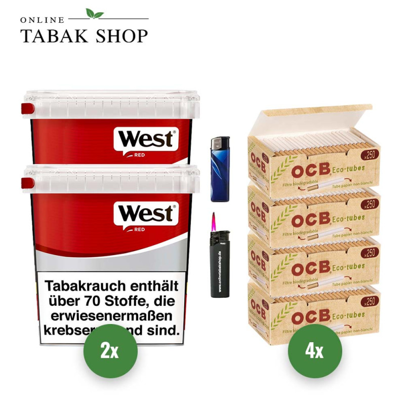 West Red Tabak (2 x 205g) Eimer + 1.000 OCB Organic Hülsen + 1 Sturmfeuerzeug + 1 Feuerzeug