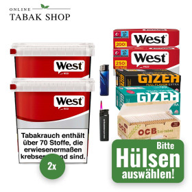 West Red Tabak (2 x 160g) Eimer + 1.000 Hülsen (wählbar) + 1 Sturmfeuerzeug + 1 Feuerzeug