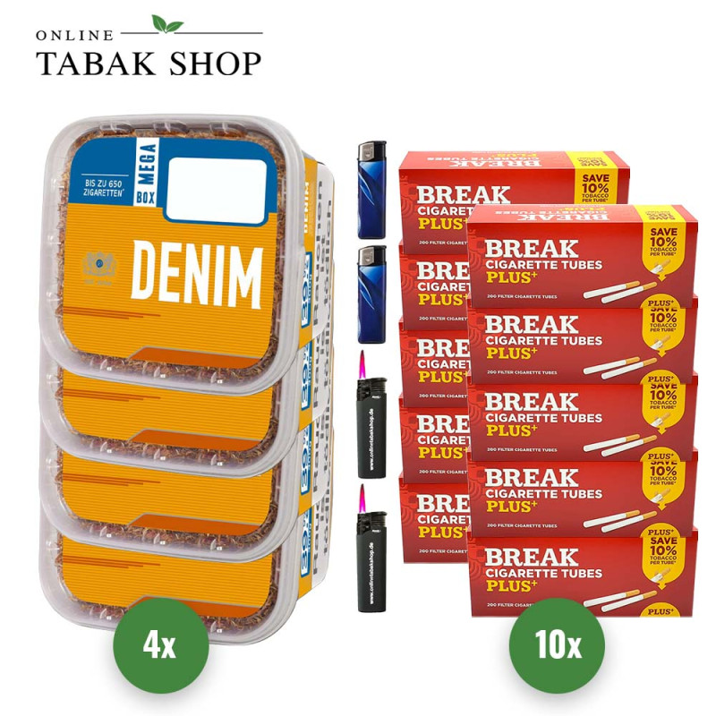 4x DENIM Tabak 210g Eimer + 2000 BREAK Plus Hülsen + 2 Sturmfeuerzeuge + 2 Feuerzeuge