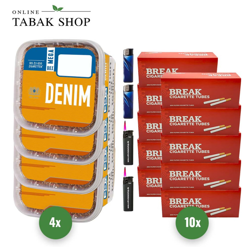4x DENIM Tabak 210g Eimer + 2000 BREAK Hülsen + 2 Sturmfeuerzeuge + 2 Feuerzeuge
