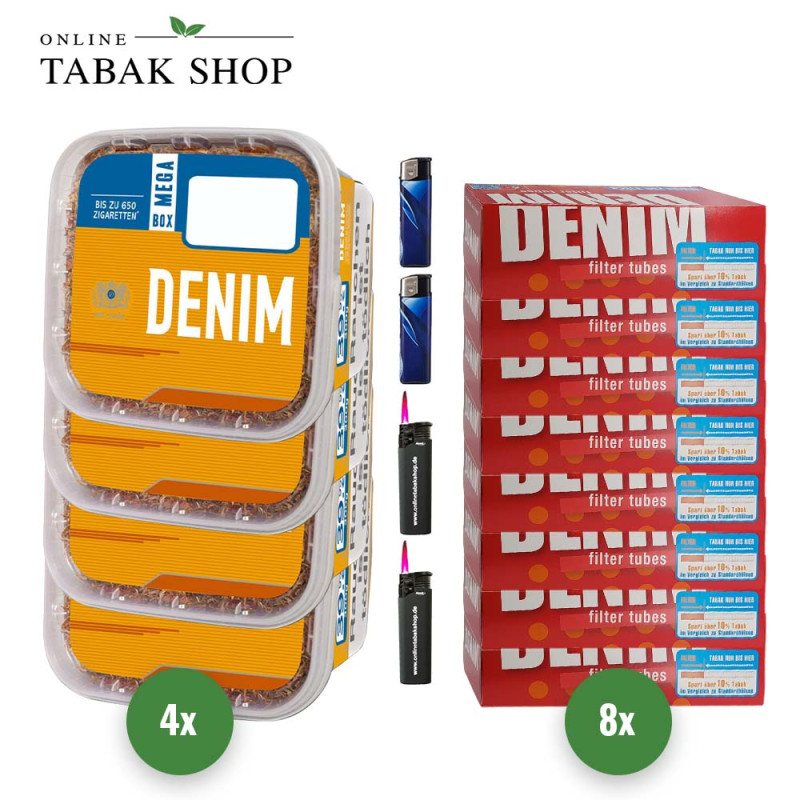 4x DENIM Tabak 210g Eimer + 2000 DENIM Hülsen + 2 Sturmfeuerzeuge + 2 Feuerzeuge