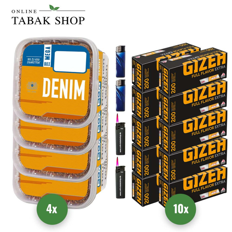 4x DENIM Tabak 210g Eimer + 2000 GIZEH Full Flavor Extra Hülsen + 2 Sturmfeuerzeuge + 2 Feuerzeuge