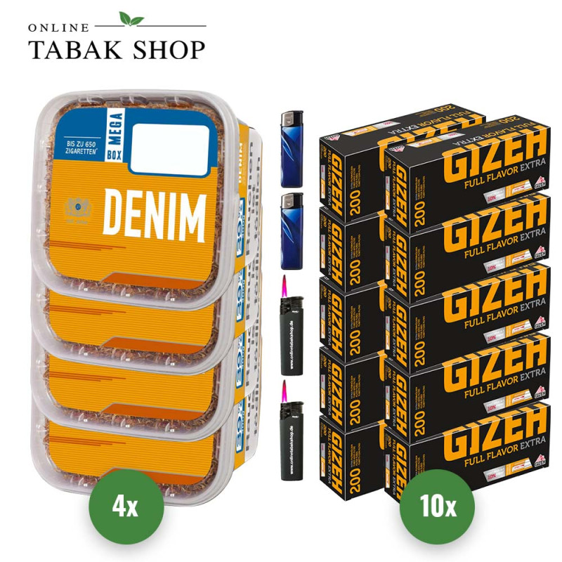 Denim Tabak (4 x 240g) Eimer + 2.000 Gizeh Full Flavor Extra Hülsen + 2 Sturmfeuerzeuge + 2 Feuerzeuge
