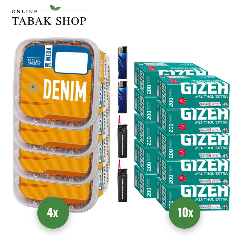 4x DENIM Tabak 210g Eimer + 2000 GIZEH Menthol Extra Hülsen + 2 Sturmfeuerzeuge + 2 Feuerzeuge