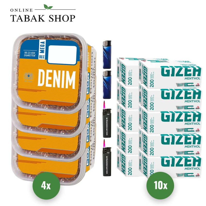 4x DENIM Tabak 210g Eimer + 2000 GIZEH Menthol Hülsen + 2 Sturmfeuerzeuge + 2 Feuerzeuge