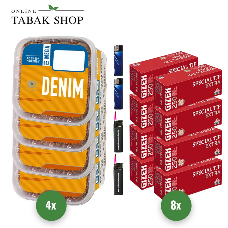 4x DENIM Tabak 210g Eimer + 2000 GIZEH Special Tip Extra Hülsen + 2 Sturmfeuerzeuge + 2 Feuerzeuge