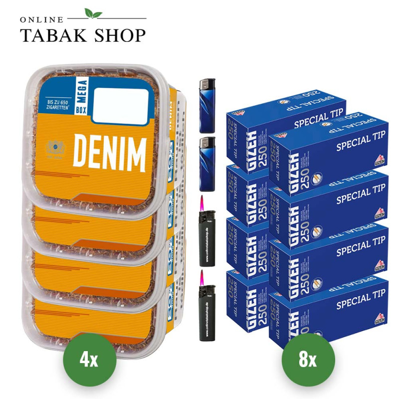 4x DENIM Tabak 210g Eimer + 2000 GIZEH Special Tip Hülsen + 2 Sturmfeuerzeuge + 2 Feuerzeuge