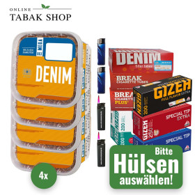 4x Denim Tabak XXXL Eimer 210g + 2000 Hülsen (Sorte wählbar) + 2 Sturmfeuerzeuge + 2 Feuerzeuge