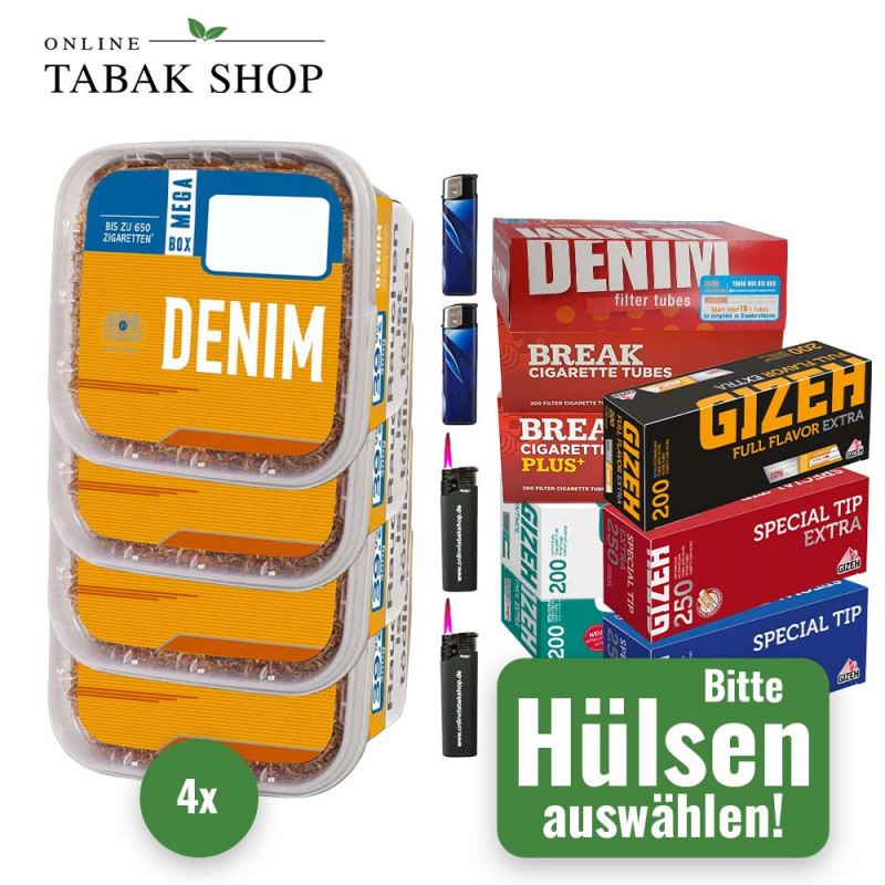 4x DENIM Tabak 210g Eimer + 2000 Hülsen (Sorte wählbar) + 2 Sturmfeuerzeuge + 2 Feuerzeuge